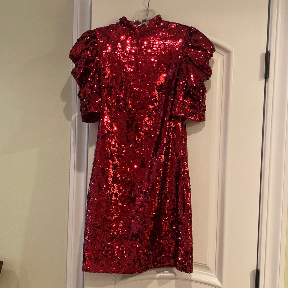 Brand new Alice + Olivia red sparkle mini dress with ruffled sleeves